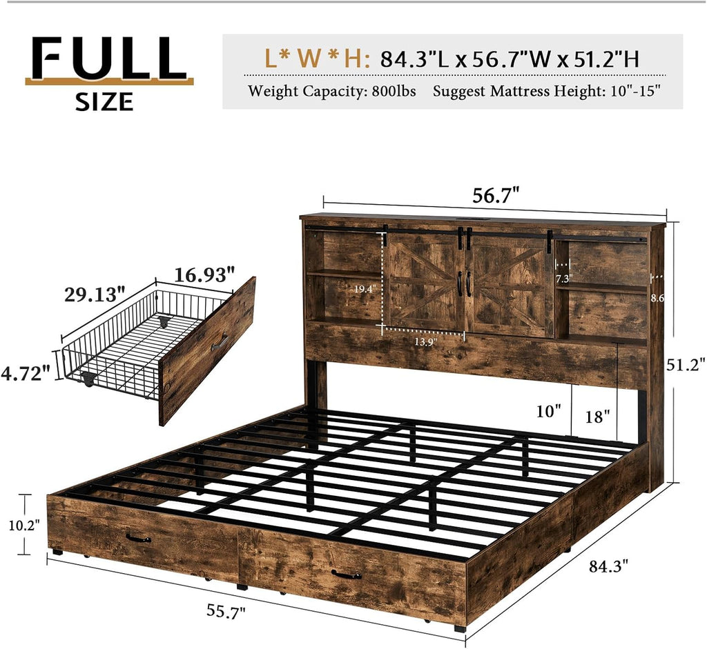 VanAcc Full Size Bed Frame, Wooden Platform Storage Bed with 51.2' Bookcase Headboard, 2 Drawers, Charging Station/No Box Spring Needed/Noise Free(Rustic Brown)