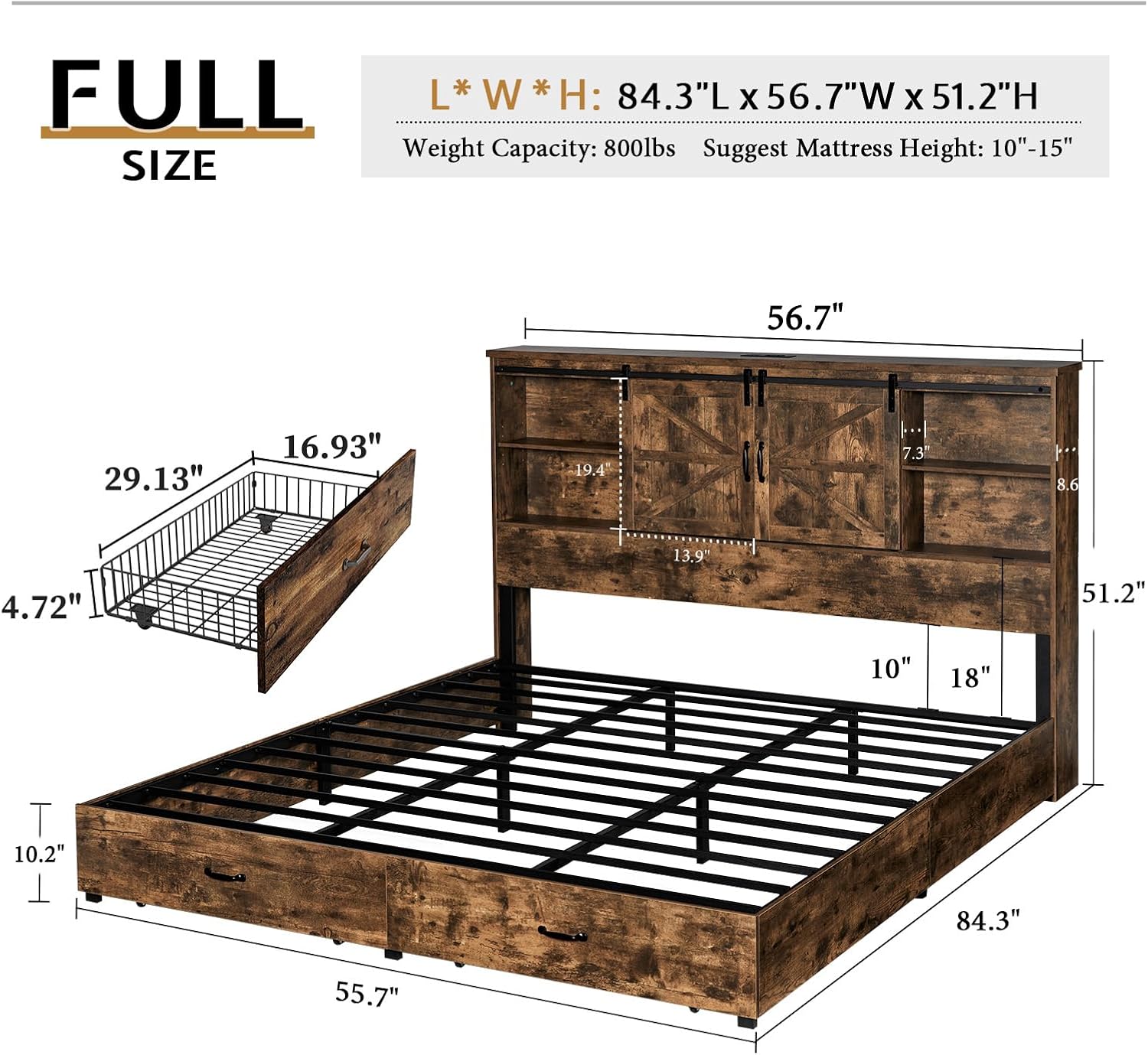 VanAcc Full Size Bed Frame, Wooden Platform Storage Bed with 51.2' Bookcase Headboard, 2 Drawers, Charging Station/No Box Spring Needed/Noise Free(Rustic Brown)