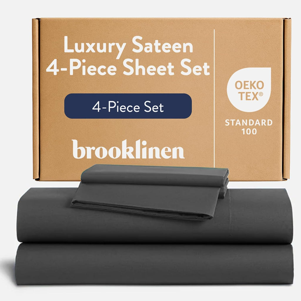 Brooklinen Luxury Sateen 4 Piece Sheet Set - 100% Cotton Bed Sheets, Durable California King Size Sheets Set in Slate Grey, Oeko-TEX Certified Bedding Set, 1 Fitted Sheet, 1 Flat Sheet, 2 Pillowcases