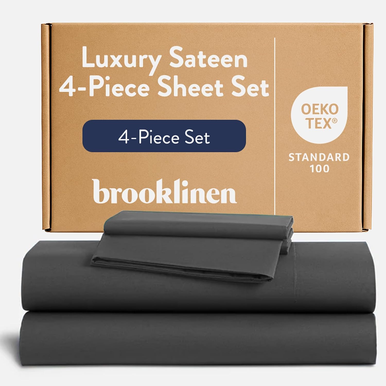 Brooklinen Luxury Sateen 4 Piece Sheet Set - 100% Cotton Bed Sheets, Durable California King Size Sheets Set in Slate Grey, Oeko-TEX Certified Bedding Set, 1 Fitted Sheet, 1 Flat Sheet, 2 Pillowcases