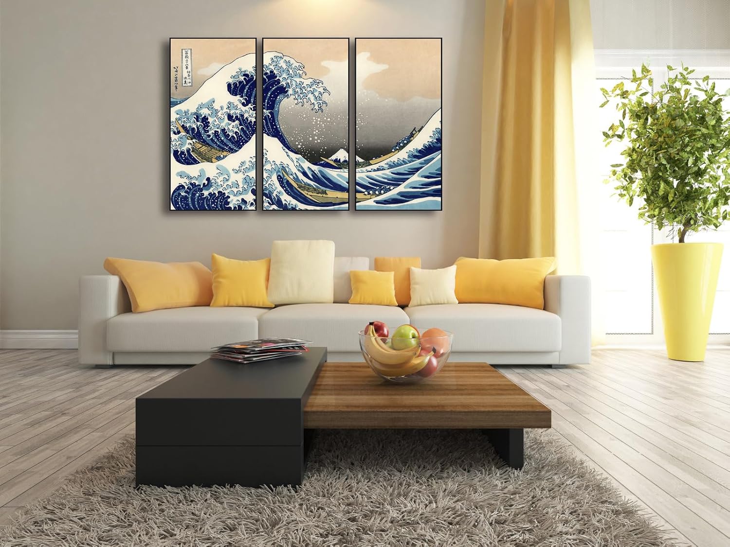Wieco Art Large Black Aluminum Framed Art 3 Panel Great Wave of Kanagawa Katsushika Hokusai Canvas Prints Wall Art Abstract Seascape Paintings for Living Room Home Decorations