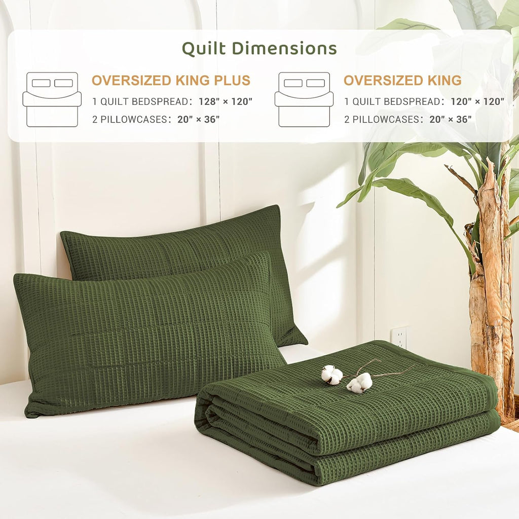Sanracie Oversized King Quilt (120'x120'), Cotton Olive Green Waffle Weave Quilt Bedding Set 3Pcs Extra Wide Large Soft Breathable Luxury Aesthetic Bedding Coverlet for All Season