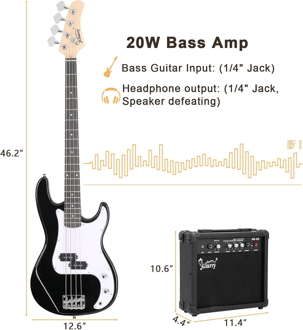 GLARRY Full Size Electric Bass Guitar Beginner Kit 4 String Exquisite Basswood Bass with 20W AMP, Cable, Strap, Bag and Accessories (Black, 39'Right Handed)
