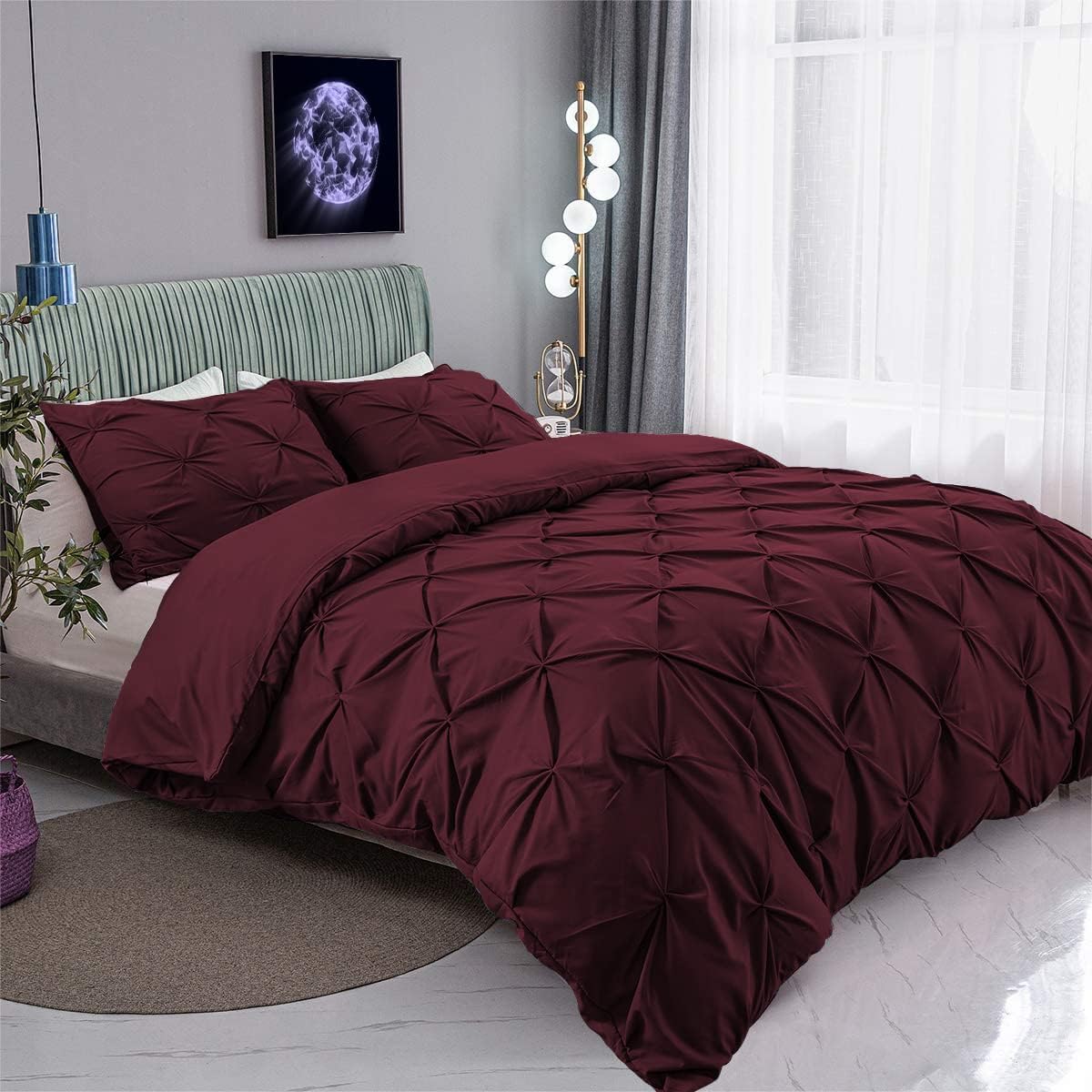 Wine Color Pinch Pleated Durable Soft Comfy 3-PCs Duvet Cover Set with Zipper Closure & Corner Ties, 600-TC Peruvian Pima Cotton Oversized King Size (120' x 98')