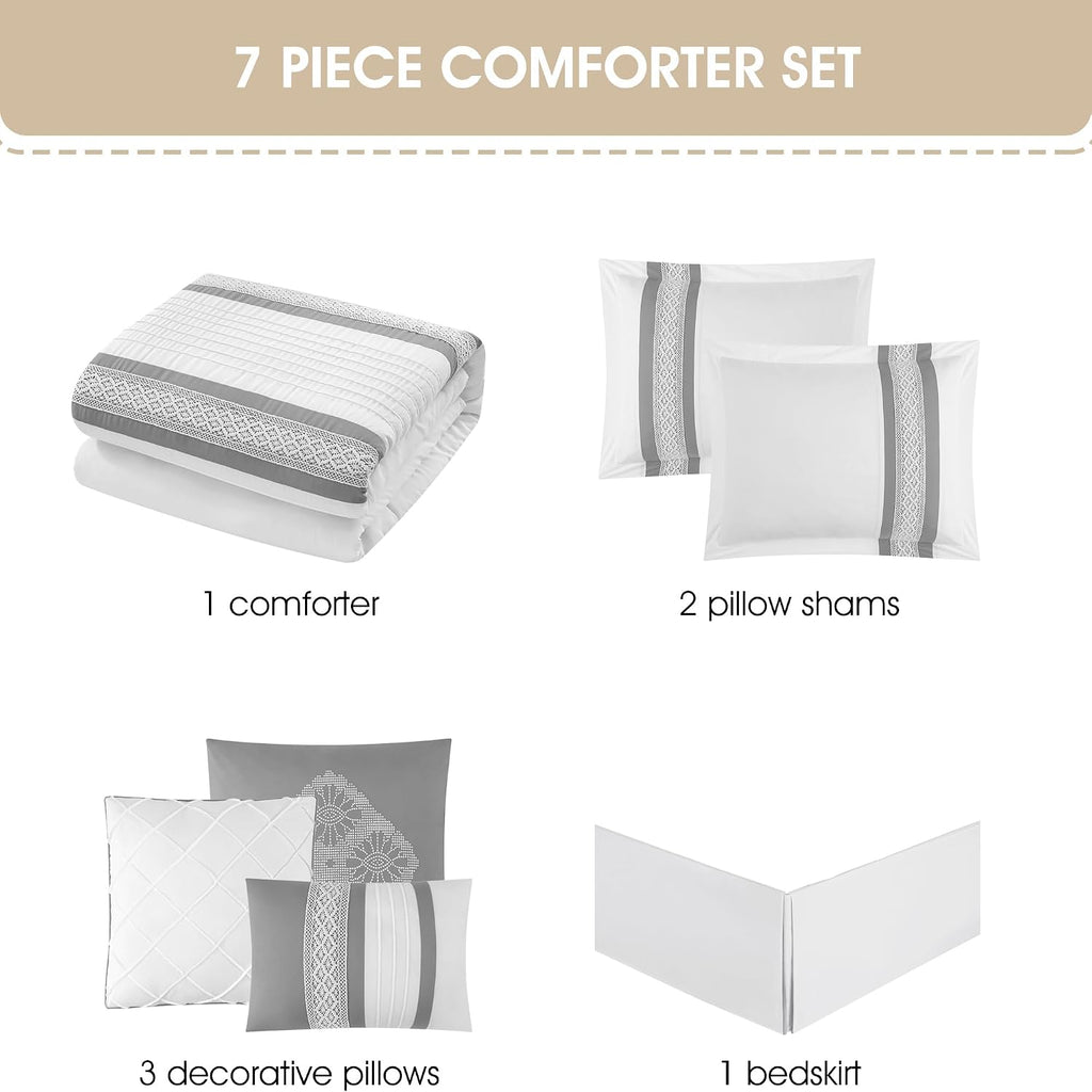 Grand Avenue Striped 7 Piece Grey White Comforter Set, California King Size Microfiber Bedding, All Season Bedding Set, Bed Skirt, Pillows & Shams