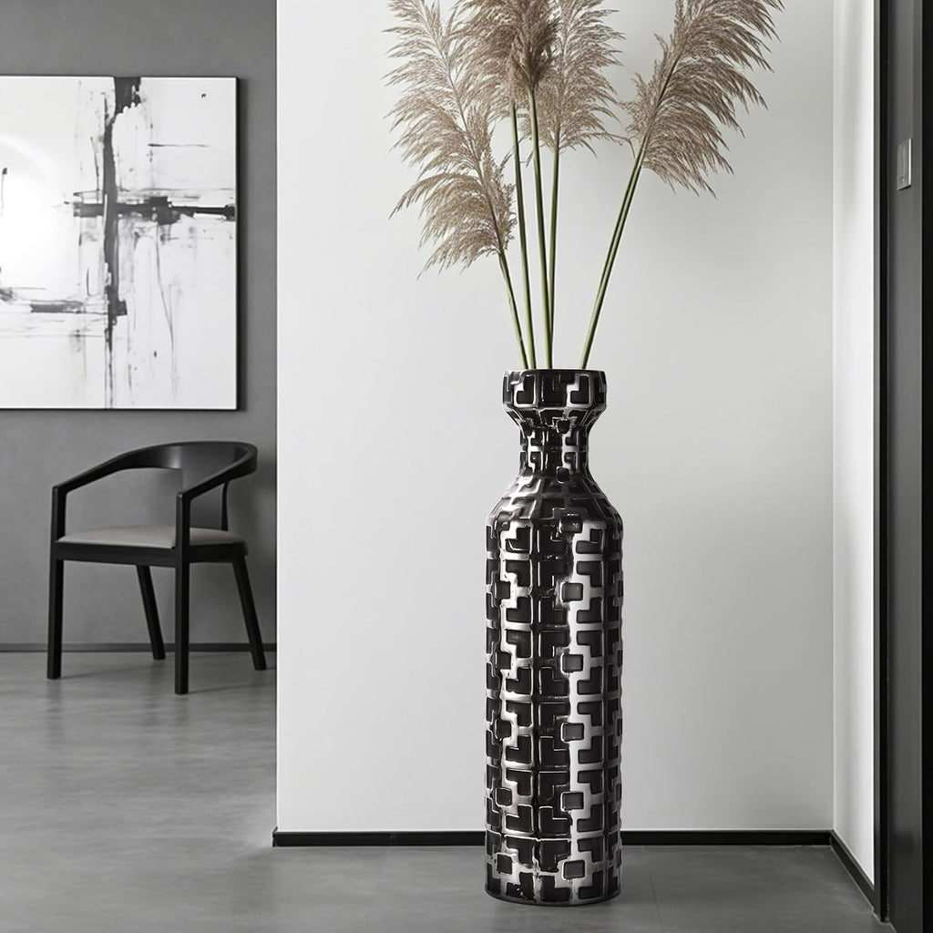 24.4 inch Tall Floor Vases Set of 2. Black Vase with Silver Geometric Patterns, Ceramics Modern Flower Vases for Living Room, Entryway, Indoor/Outdoor Decor, Large Vase for Home Decor