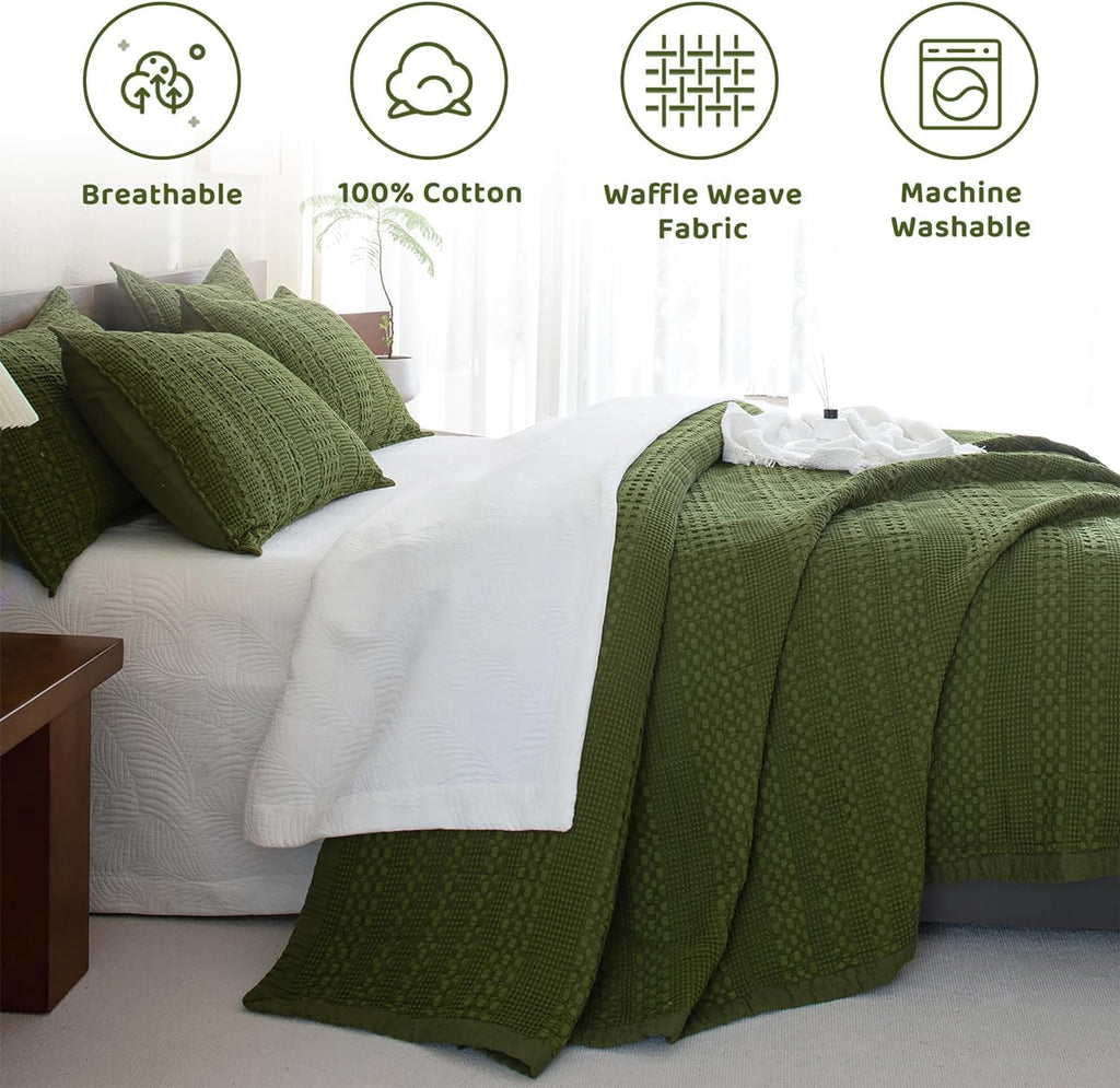 Sanracie Cotton Oversized King Bedspread Quilt(120'x120'),Olive Green Waffle Quilt Coverlet Set 3Pcs Extra Large King Quilt Bedding Set,Farmhouse Coverlet Quilt Set Shabby Vintage Chic Bedding