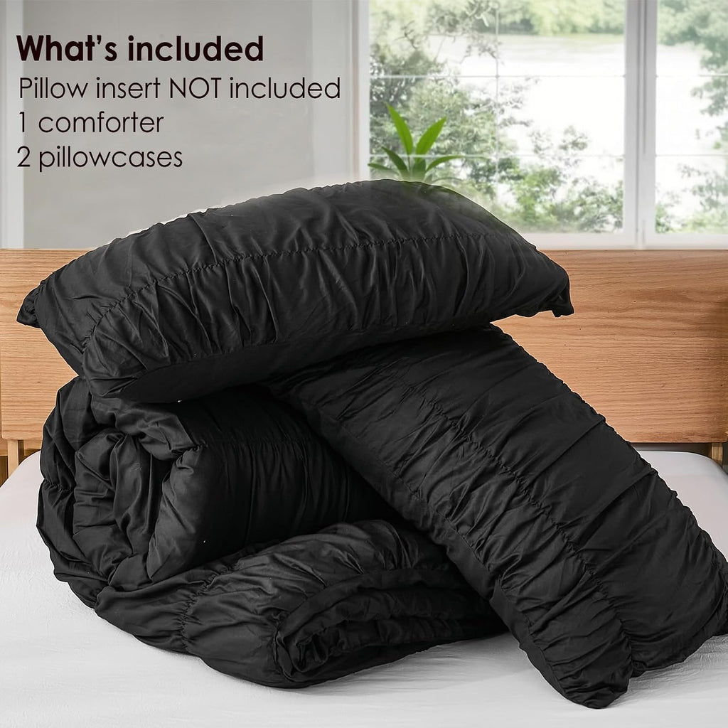 Bedbay Black Ruched Comforter Set King Size,100% Cotton Boho Bedding Set,Black Cinched Fluffy Comforter for Bedroom,3 Pcs Vintage Ruffle Bedding Aesthetic Room Decor for All Seasons