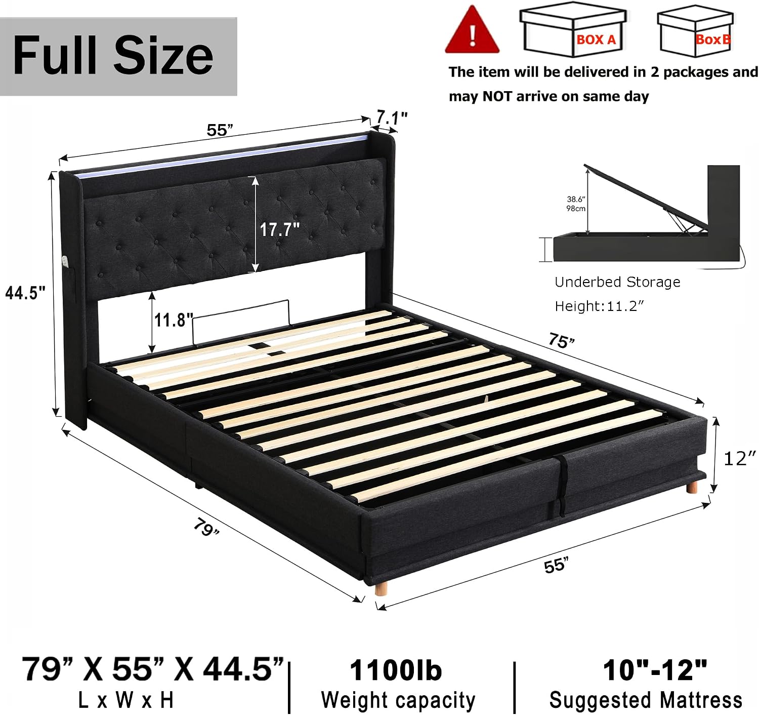 Ailisite Full Size Bed Frame with Headboard, Lift Up Storage Bed Frame with Charging Station&Led Lights,Upholstered Platform Bed with Tufted Wingback Storage Headboard, Hydraulic System,Wood Slat,Grey