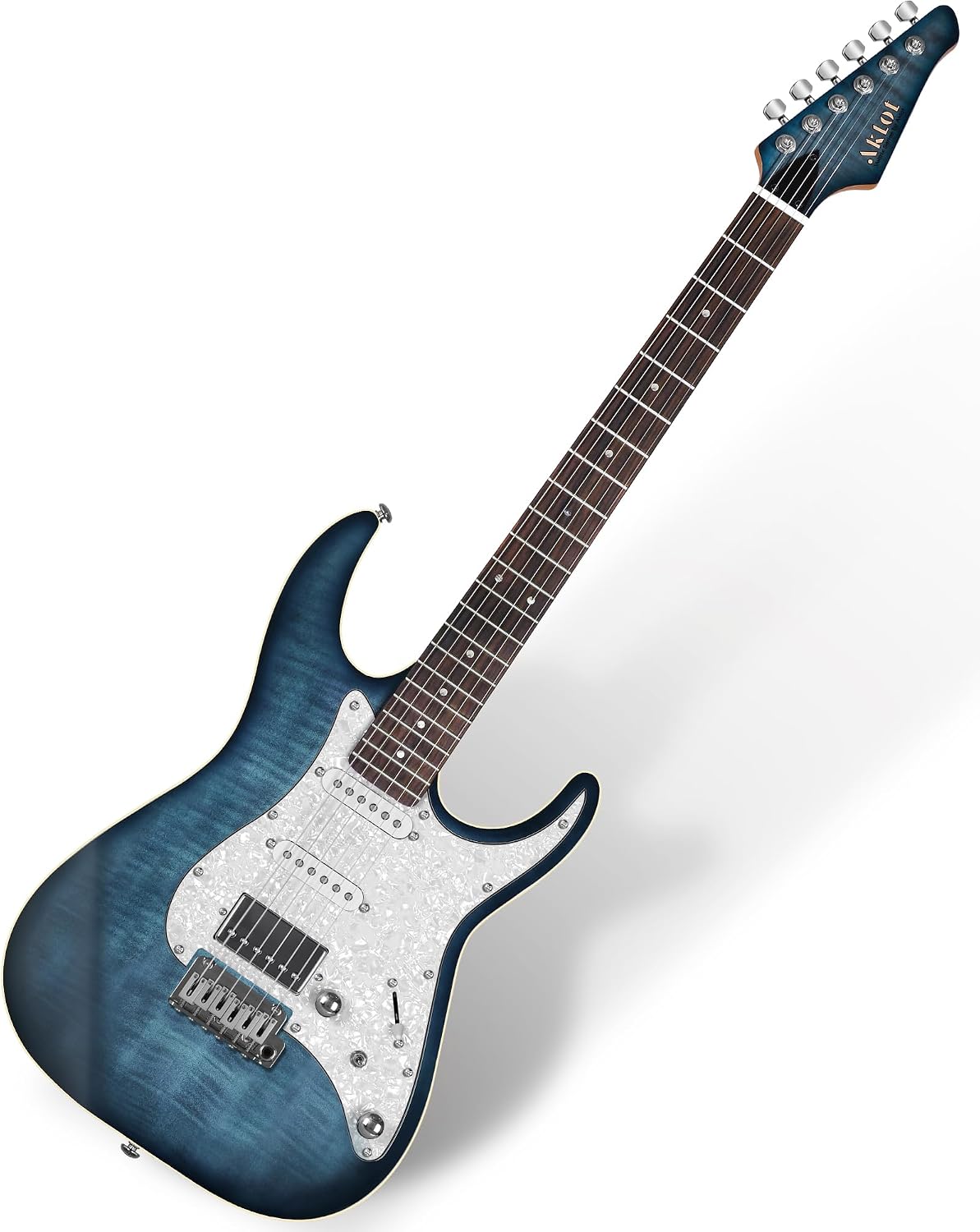 AKLOT Solid Body Electric Guitar - Flame Maple Top, HSS Alnico V Pickups with Coil-Split, Roasted Maple Neck, Locking Tuners, Veltrix Series, Storm Blue