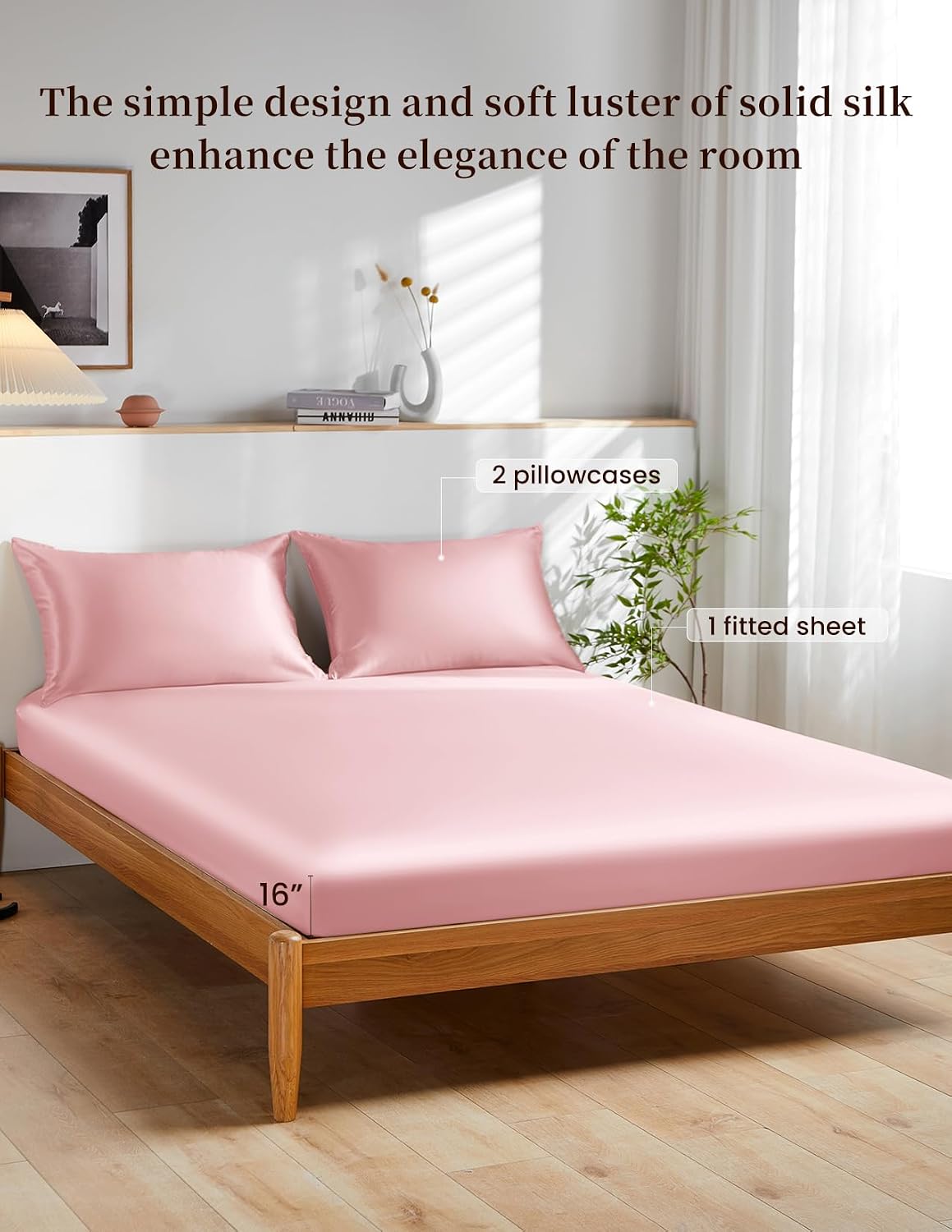 THXSILK 100% Mulberry Silk Bed Sheet Set - 3pcs Pure Silk Sheet Set - 16' Deep Pocket Fitted Sheet, 2 Pack Silk Pillowcase with Zipper Closure - Full Size, Charming Pink