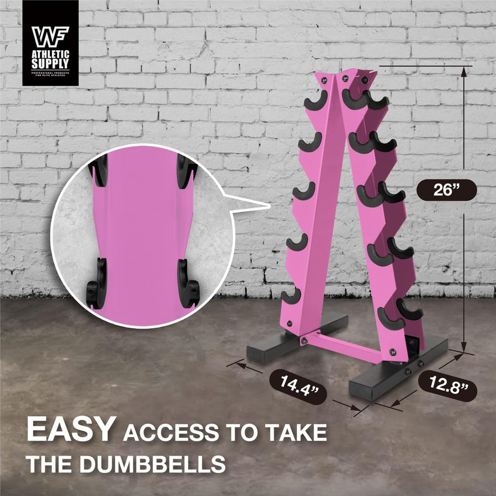 WF Athletic Supply 5-25Lb Rubber Coated Black Handle Hex Dumbbell Set with A Frame Storage Rack Non-Slip Hex Shape for Muscle Toning, Straight Handle, Pink Rack
