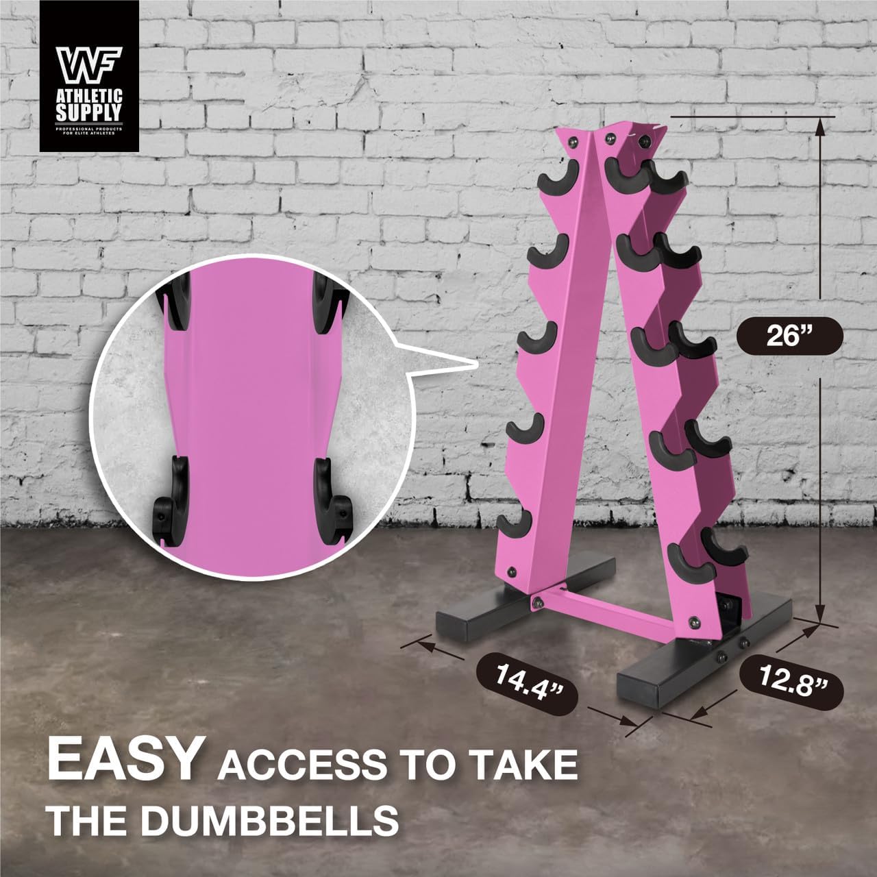 WF Athletic Supply 5-25Lb Rubber Coated Black Handle Hex Dumbbell Set with A Frame Storage Rack Non-Slip Hex Shape for Muscle Toning, Straight Handle, Pink Rack