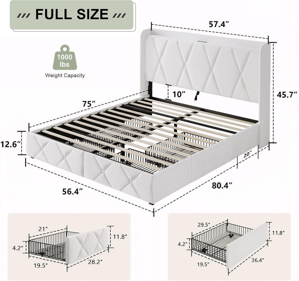 Feonase Full Size Bed Frame with 4 Storage Drawers, Velvet Upholstered Platform Bed with Charging Station, Wingback Storage Headboard, Wooden Slats Support, No Box Spring Needed, Easy Assembly, White