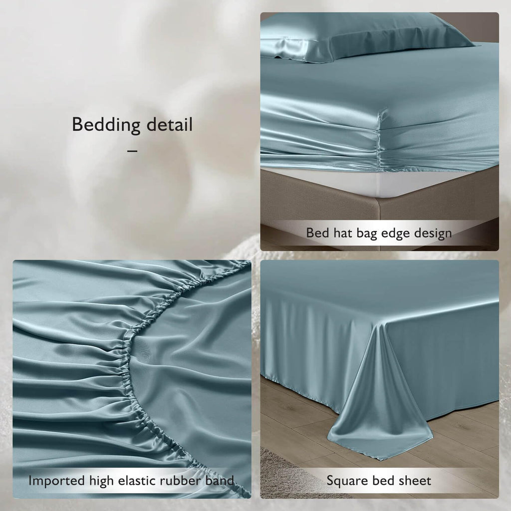 DISANGNI 22 Momme 100% Mulberry Silk Bedding Set - 4-Piece Luxury (2 Pillowcases, 1 Fitted Sheet, 1 Flat Sheet) - 6A Grade Natural Silk (Blue Gray, Queen)