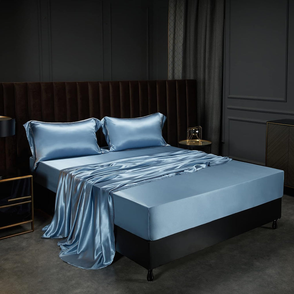 YOUR MOON 100% Mulberry Silk Sheets Set King Size 4 Pcs, 25 Momme Mulberry Silk Bed Sheets, Ultra Soft Luxury Bedding Sets, 1 Fitted Sheet, 1 Flat Sheet, 2 Pillow Shams (Blue Stream)