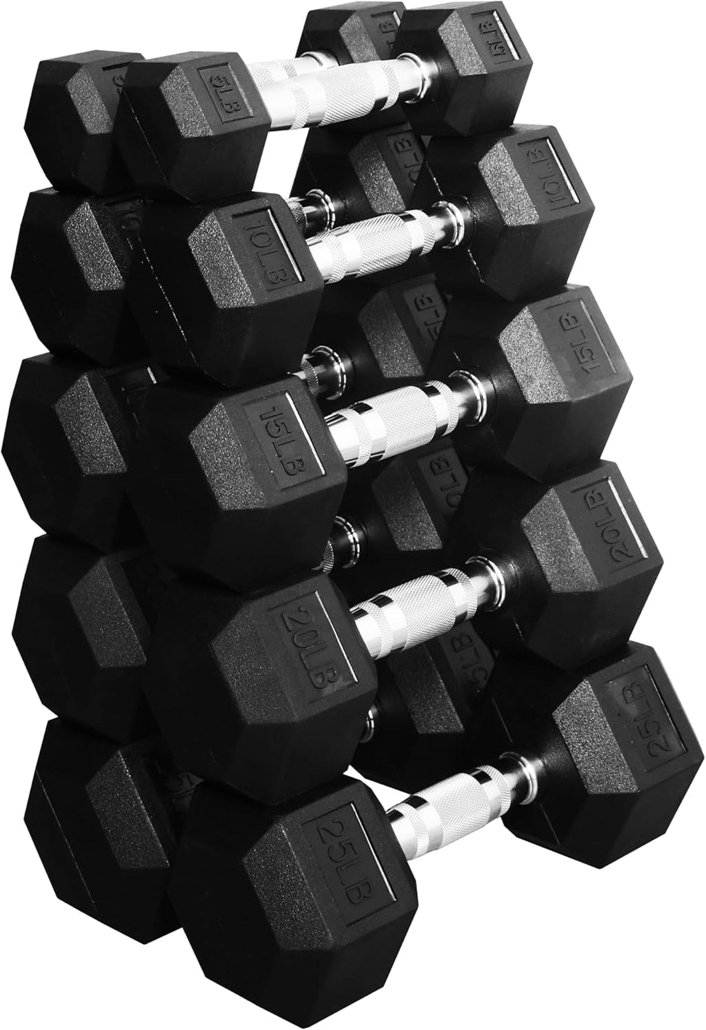 Signature Fitness Rubber Encased Hex Dumbbell, Set Including 5, 10, 15, 20, 25LB Pairs