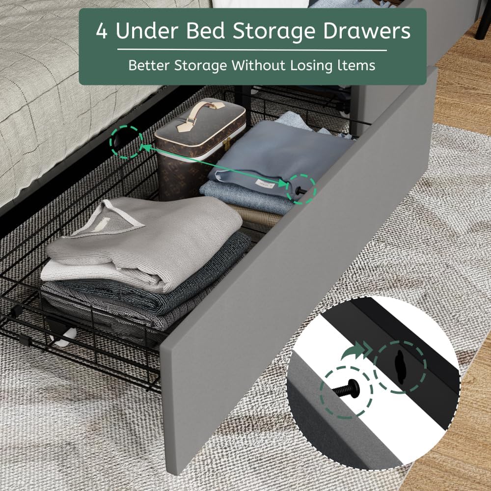 Full Size Bed Frame with 4 Storage Drawers and 2 USB Ports, Upholstered Platform Bed Frame with Storage Headboard Charging Station and Metal Slat Support, No Box Spring Needed, Dark Grey.