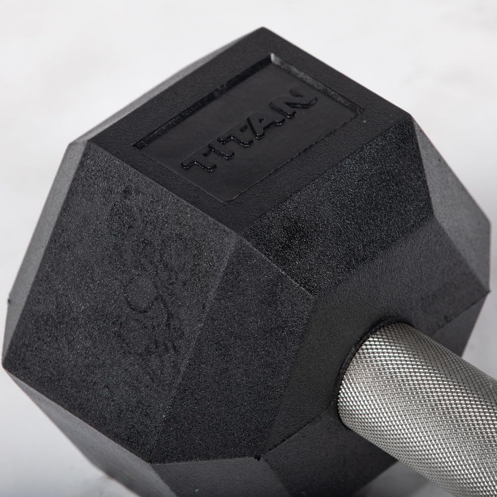 Titan Fitness 25 LB Pair Free Weights, Black Rubber Coated Hex Dumbbell, Straight Stainless Steel Handle, Strength Training, Full Body Workout