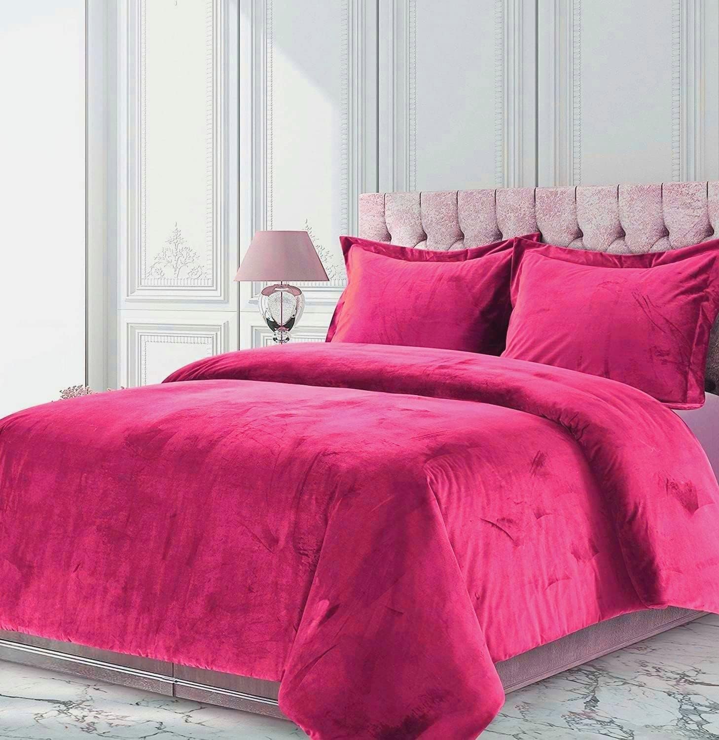 Velvet Comforter Set King 3 Piece (Comforter + 2 Pillowcases) Hot Pink 600 GSM Duvet Velvet Lush Comforter Sherpa Quilt Duvet