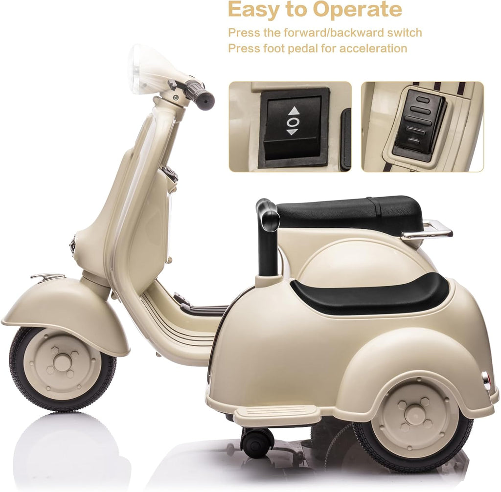 Licensed Vespa Ride on Toys, Motorcycle with Side Car & Speaker | Motorcycle 3 Wheeler 2 Seater Car Rechargeable with Music Player, Headlight, USB Plug, Forward, Backward, Beige