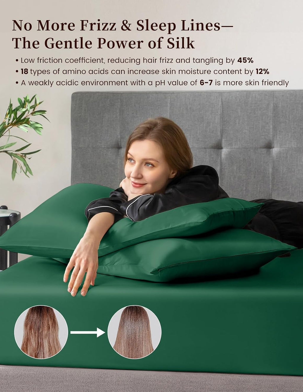 THXSILK 100% Mulberry Silk Bed Sheet Set - 3pcs Pure Silk Sheet Set - 16' Deep Pocket Fitted Sheet, 2 Pack Silk Pillowcase with Zipper Closure - Full Size, Emerald Green