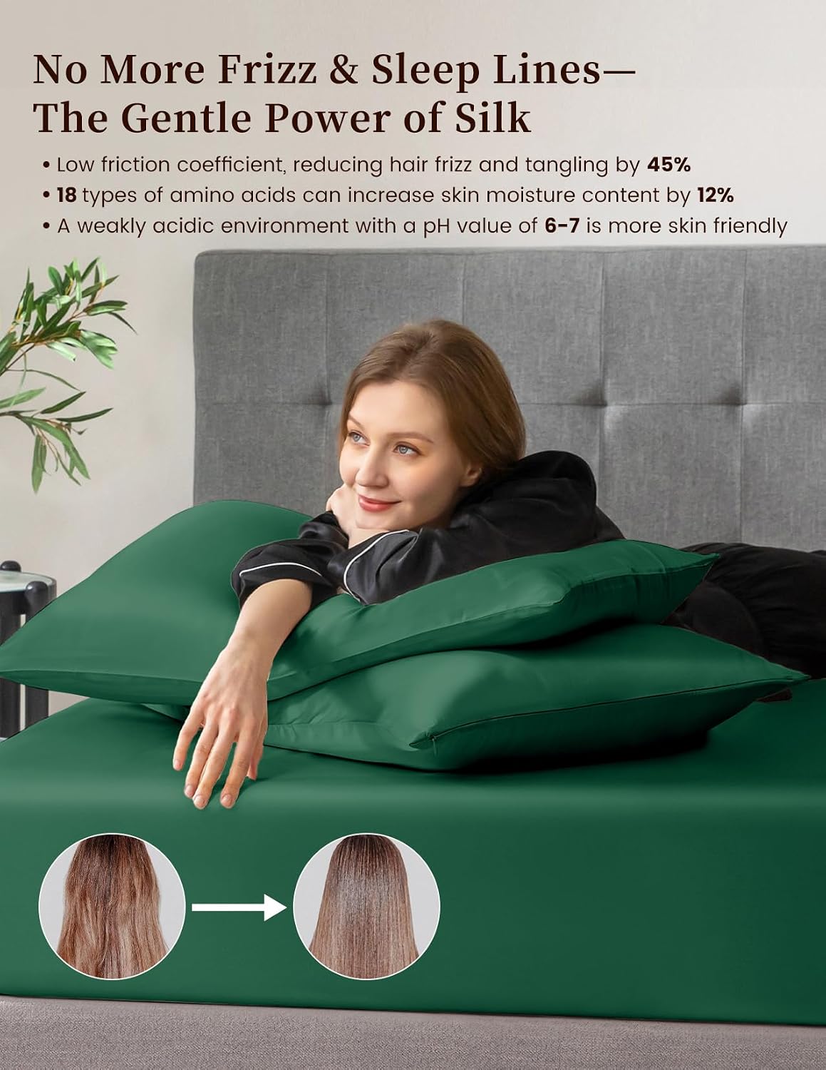 THXSILK 100% Mulberry Silk Bed Sheet Set - 3pcs Pure Silk Sheet Set - 16' Deep Pocket Fitted Sheet, 2 Pack Silk Pillowcase with Zipper Closure - Full Size, Emerald Green