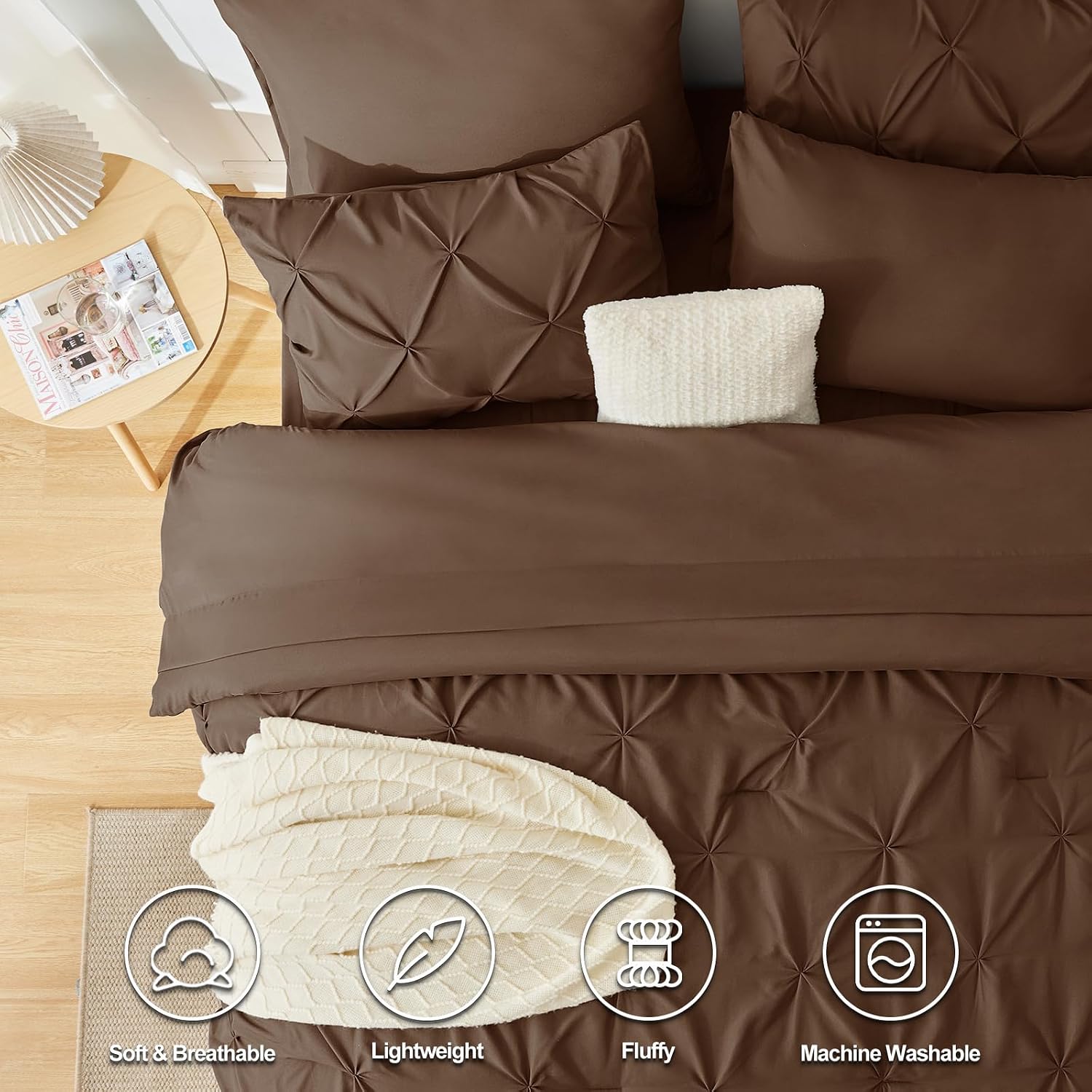 King Size Comforter Set 7 Pieces Bed in a Bag 100% Cotton Brown Comforter King Pintuck Bed Sets Pinch Pleat Bedding Sets Comforter, Flat Sheet, Fitted Sheet, Pillowcases & Shams