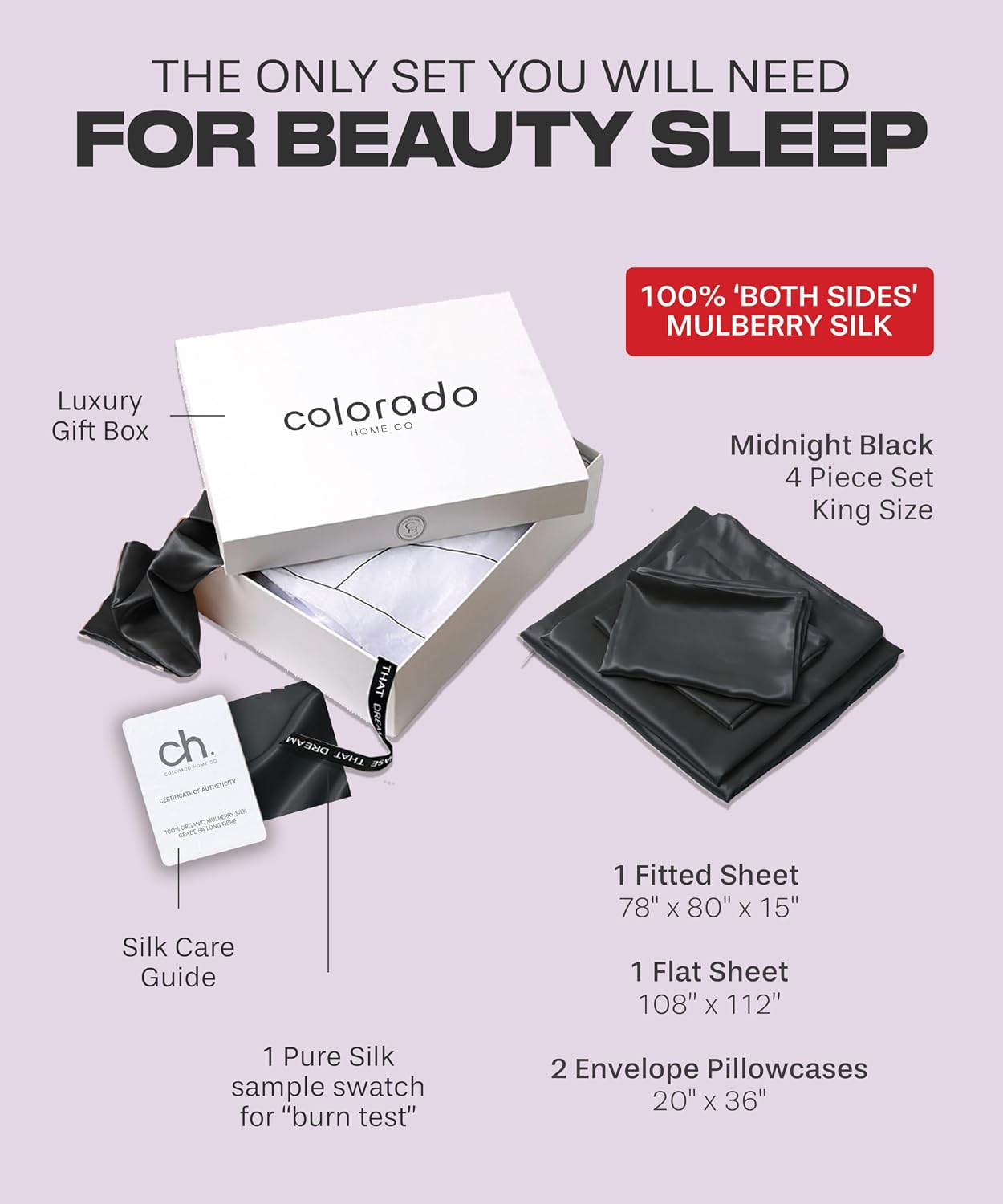 Colorado Home Co SUNDAYSILKS | Mulberry Silk Bed Sheets | 4PC Queen Set | Grade 6A Organic Real Silk Sheets [Midnight Black]