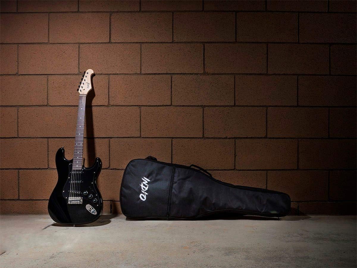 Monoprice Cali Classic Electric Guitar - Black 6 Strings, Double-Cutaway Solid Body, Right Handed, SSS Pickups, Full-Range Tone, With Gig Bag, Perfect for Beginners - Indio Series