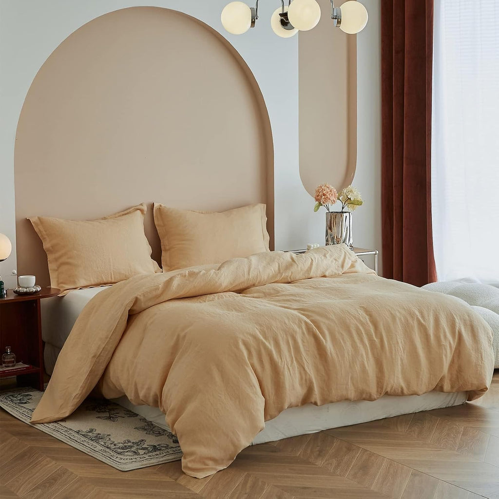 Simple&Opulence 100% Linen Duvet Cover Set, 3 PCS Natural French Flax Sand Duvet Cover Queen Size, Breathable Soft Comfy Linen Bedding Comforter Cover with 2 Pillowcases(Sand, 88'x92')