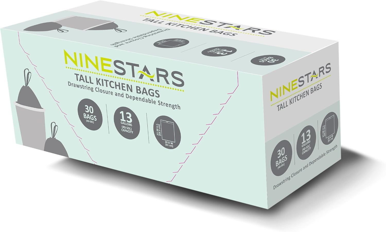 NINESTARS NSTB-13-30 Extra Strong White Trash Bag w/Drawstring Closure, 13 Gal. / 49 L., 30 count, Packaging may vary (Pack of 12)