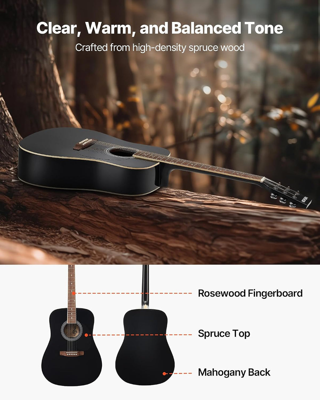 VEVOR Dreadnought Acoustic Guitar, 41 in, 6-String Black Solid Spruce Top Guitar, Beginner Bundle with Gig Bag, Tuner, Strap, Steel Strings, Picks, Capo, Rosewood Fingerboard, for Adult Taller Player