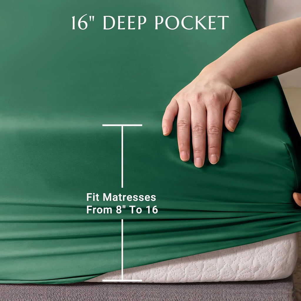 THXSILK 100% Silk Sheet Set, 7A+ Silk Sheet Set Soft Breathable, Luxury Bedding (1 Duvet Cover, 1 Fitted Sheet, 2 Pillow Shams), King, Emerald Green