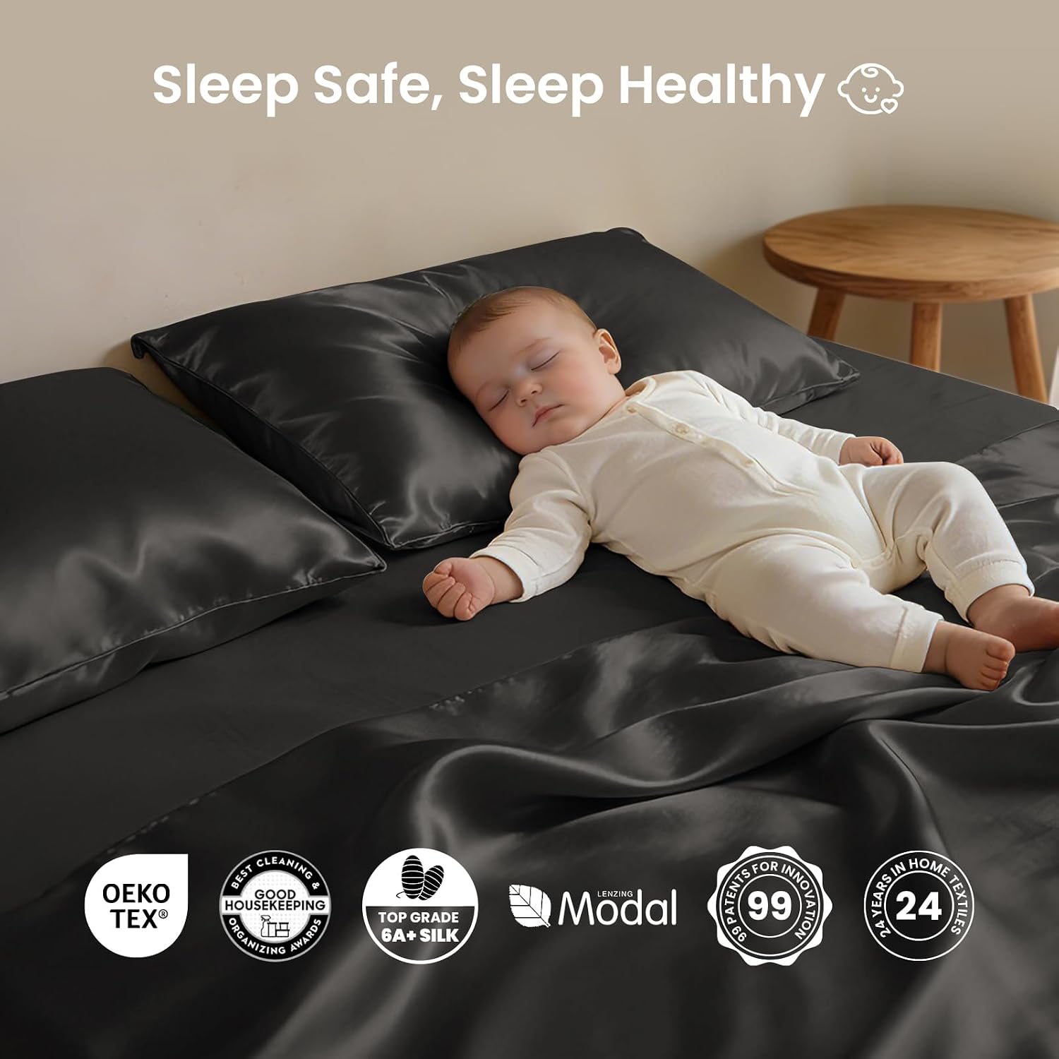 THXSILK Luxury Mulberry Silk Bed Sheets Set - 4pcs Silk Sheets Set 16' Deep Pocket - 1 Fitted Sheet, 1 Flat Sheet, 2 Pillowcases with Zipper Closure - Full, Black