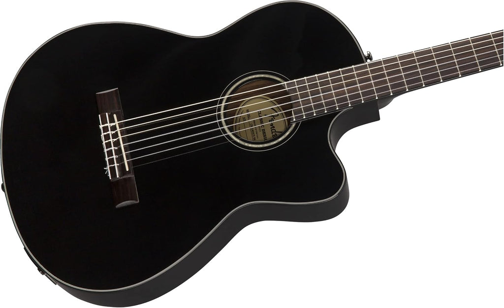 Fender CN-140SCE Thinline Concert Nylon String Acoustic Guitar, with 2-Year Warranty, Black, with Case