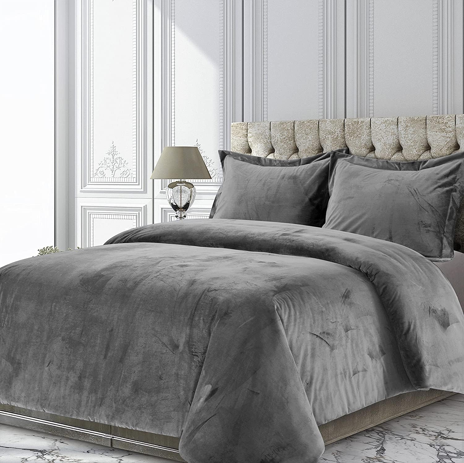 Velvet Comforter Set Twin XL 3 Piece (Comforter + 2 Pillowcases) Dark Gray 600 GSM