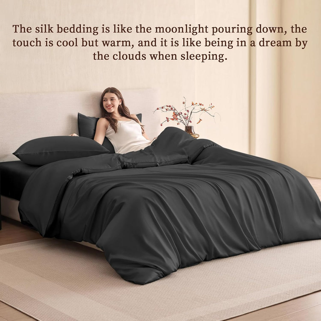 THXSILK 100% Pure Mulberry Silk Duvet Cover Set 3 Piece, 6A+ Grade Luxury Soft Bedding Silk Sheets for Hair and Skin, 1 Pcs Duvet/Quilt/Comforter Cover with 2 Zippered Pillowcases (Black, Twin)