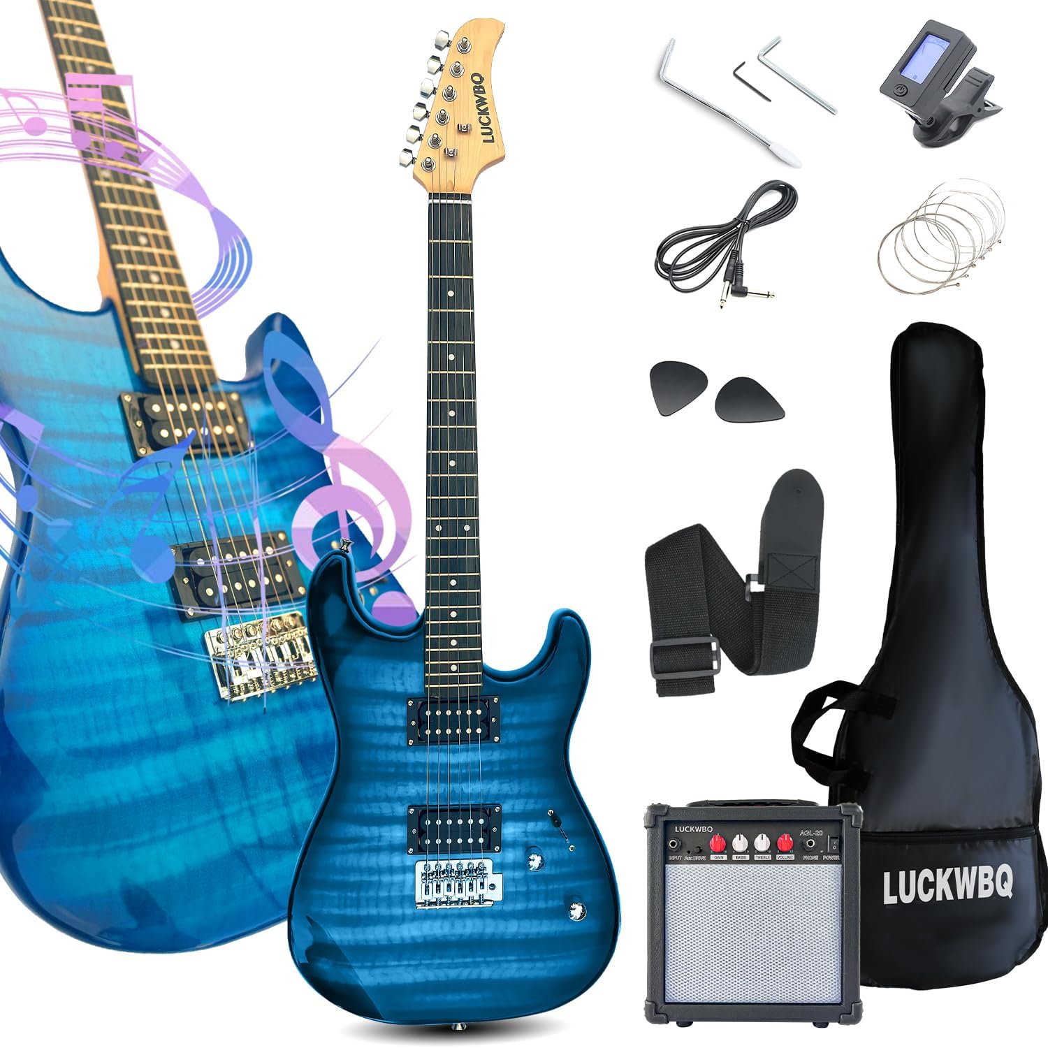 39' Full Size ST Style Electric Guitar Starter Kit with HH Pickup, 20W Portable Amp, Tuner, Gig Bag, Strap & Accessories(Blue Flame)