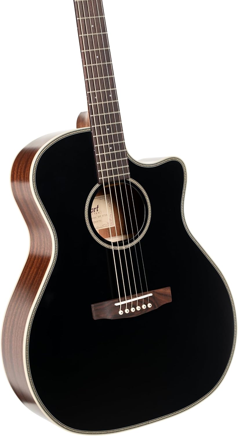 Cort Essence Series ES-GA4 Grand Auditorium Cutaway Acoustic Electric Guitar, Black Top Semi Gloss (GA4BTSG)