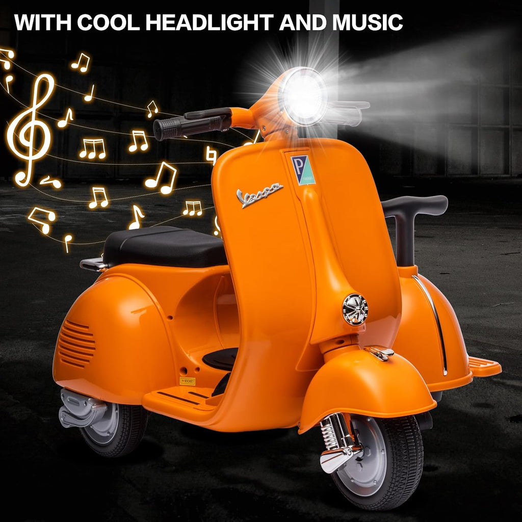 Licensed Vespa Kids Ride On Car with Side Car & Speaker | Motorcycle 2 Seater Three Wheeled Toy Car Rechargeable with Music Player, Volume Button, Lights, USB Plug, Forward, Backward, Orange