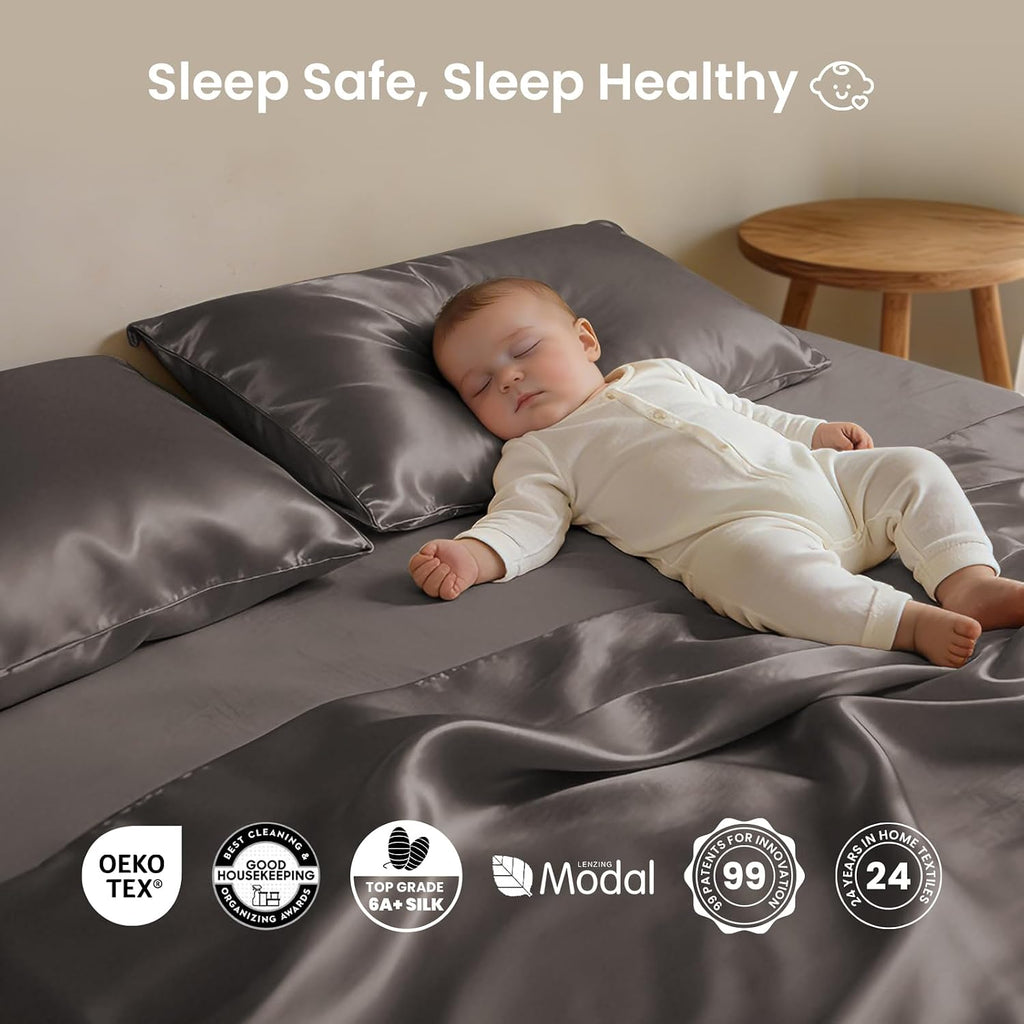 THXSILK Luxury Mulberry Silk Bed Sheets Set - 4pcs Silk Sheets Set 16' Deep Pocket - 1 Fitted Sheet, 1 Flat Sheet, 2 Pillowcases with Zipper Closure - Full, Charcoal