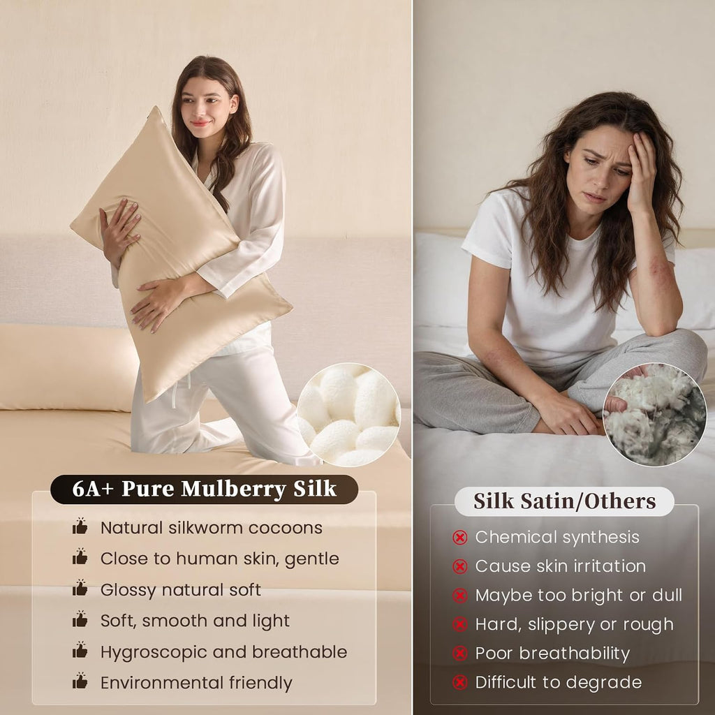 THXSILK 6A+ Top Grade 100% Pure Mulberry Silk King Fitted Sheet 3Pcs Set Bed Sheets Luxury Bedding for Hair and Skin Breathable Cooling Safe Material, 1 Fitted Sheet with 2 Pillowcases, Champagne