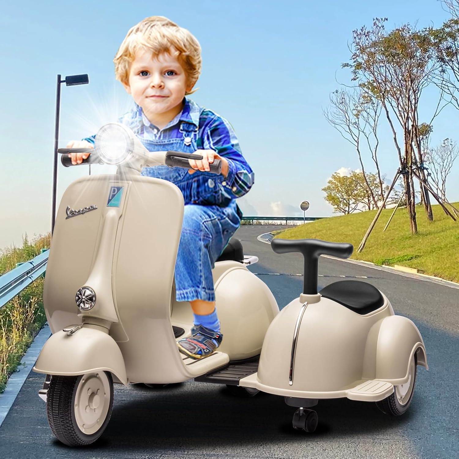 Licensed Vespa Ride on Toys, Motorcycle with Side Car & Speaker | Motorcycle 3 Wheeler 2 Seater Car Rechargeable with Music Player, Headlight, USB Plug, Forward, Backward, Beige