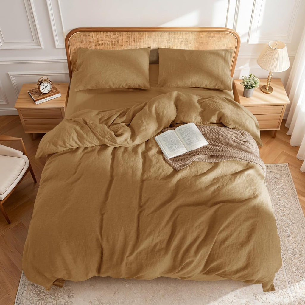 LBRO2M 100% France Linen Duvet Cover Set 3 Pcs Including 1 Flax Comforter Cover with Zipper Closure, 2 Pillowcase, Cozy Duvet Cover California King Size, Rust