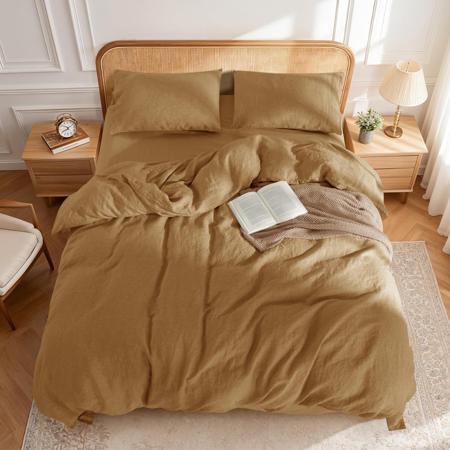 LBRO2M 100% France Linen Duvet Cover Set 3 Pcs Including 1 Flax Comforter Cover with Zipper Closure, 2 Pillowcase, Cozy Duvet Cover California King Size, Rust