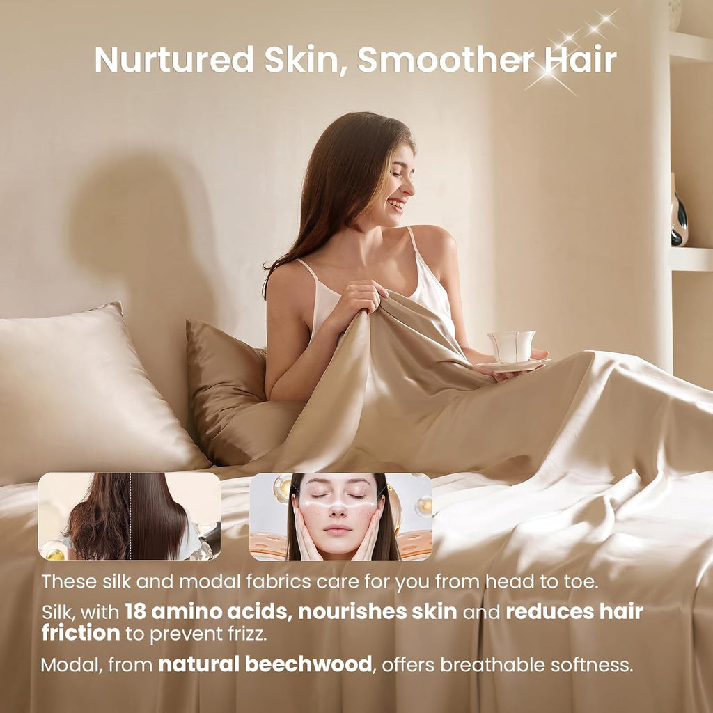 THXSILK Luxury Mulberry Silk Bed Sheets Set - 4pcs Silk Sheets Set 16' Deep Pocket - 1 Fitted Sheet, 1 Flat Sheet, 2 Pillowcases with Zipper Closure - Full, Champagne