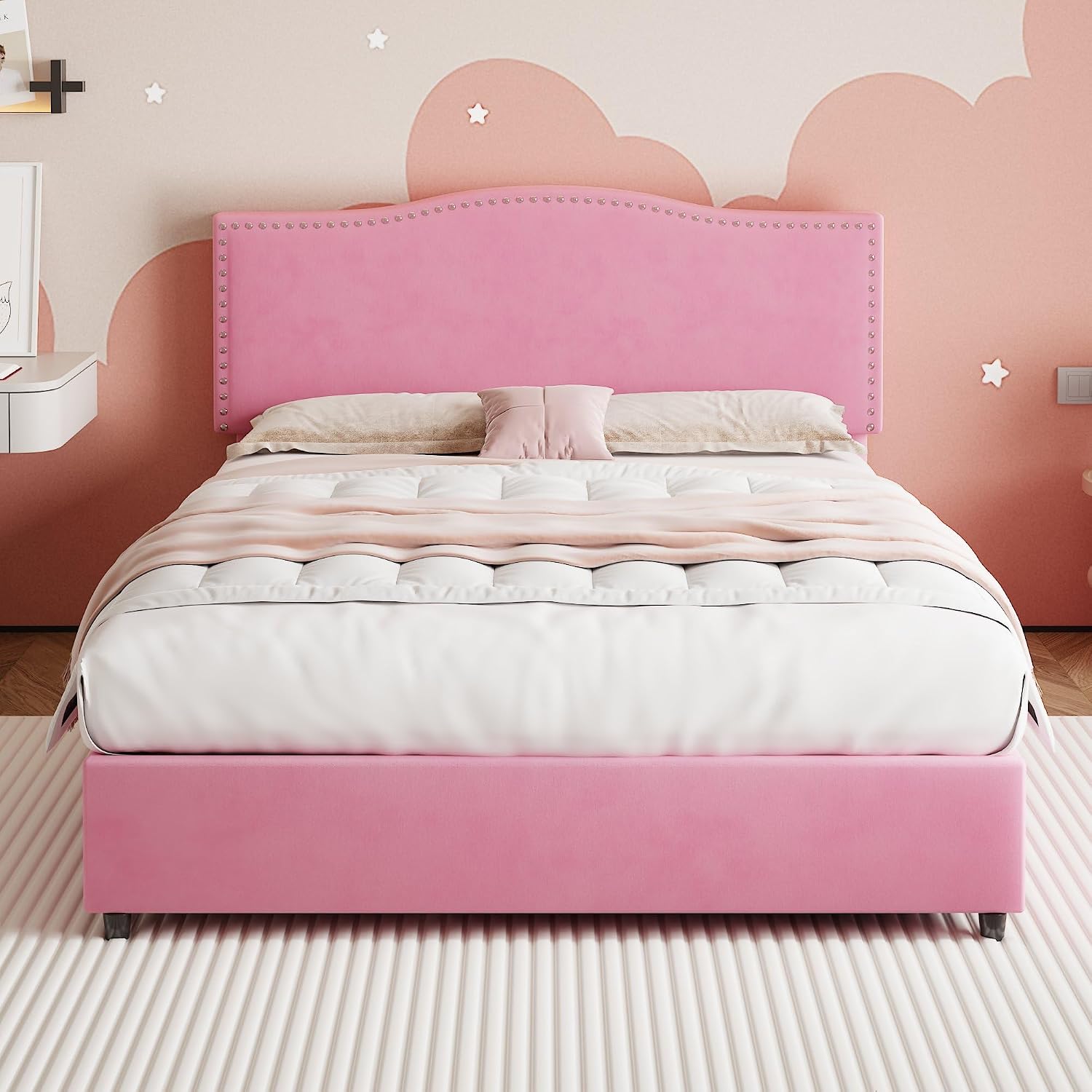 VECELO Full Bed Frame, Platform Bed Frame with 4 Underbed Storage Drawers & Adjustable Height Upholstered Headboard, Heavy-Duty Frame and Strong Wooden Slats Support, Noise-Free, Easy Assembly, Pink