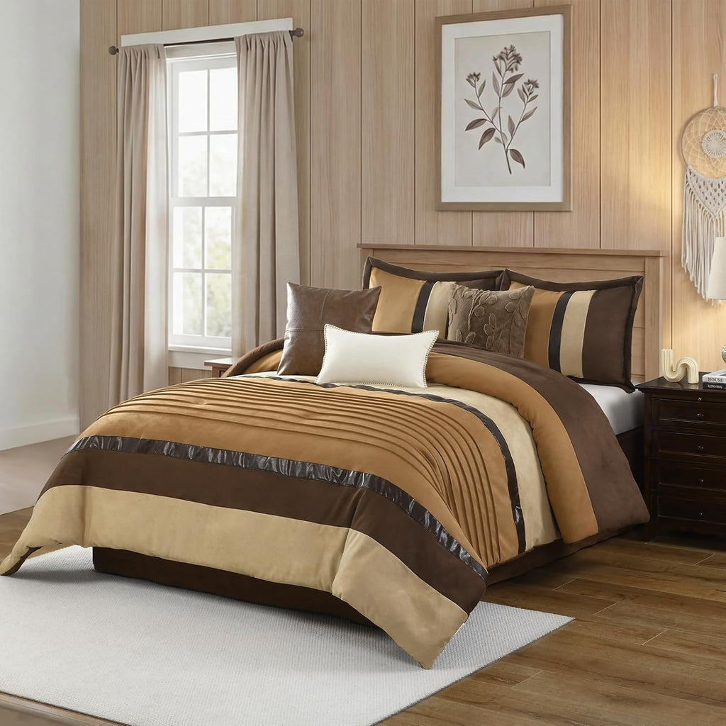 CozyDH Brown Queen Comforter Set - Luxury 7 Piece Faux Suede Bed in a Bag, Farmhouse Rustic Stripe & Pleated Pieced Design, All Season Down Alternative Bedding with Bedskirt, Shams, Decor Pillows