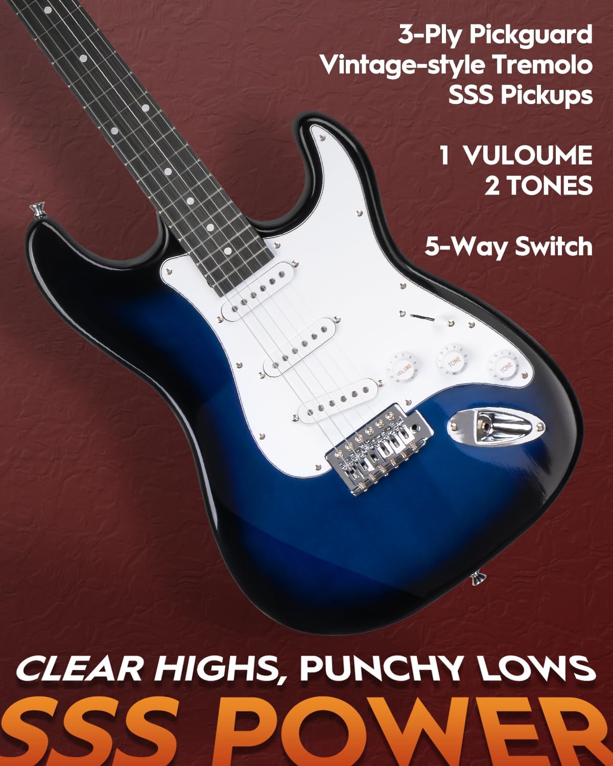 STRICH Electric Guitar Beginner Kit, Solid Body 39' Full Size Electric Guitar SSS Pick Up for Starter,with Bag, Digital Tuner, Capo, Strap, String, Cable, Picks, SST-S10 Midnight Blue Burst